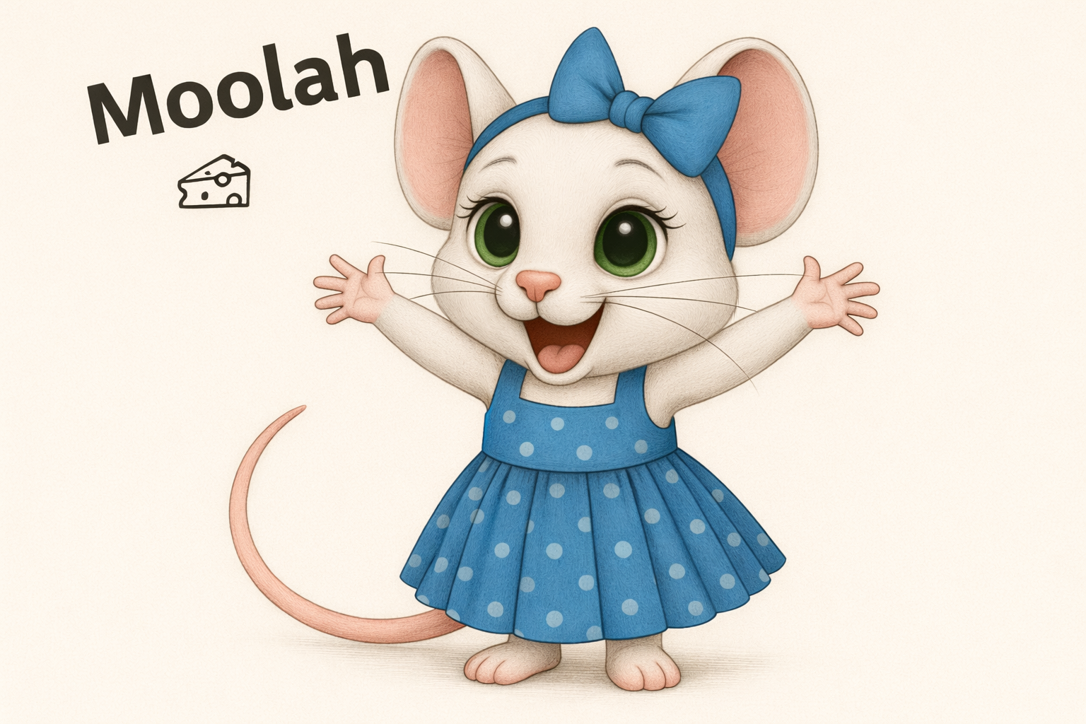Moolah the Mouse, smiling with green eyes, a blue bow and a blue dress.