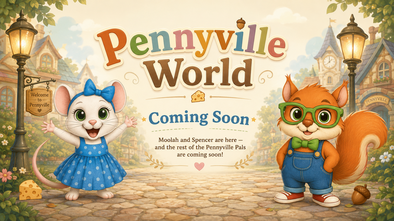 Pennyville World coming soon banner featuring Moolah the Mouse and Spencer the Squirrel in Pennyville.
