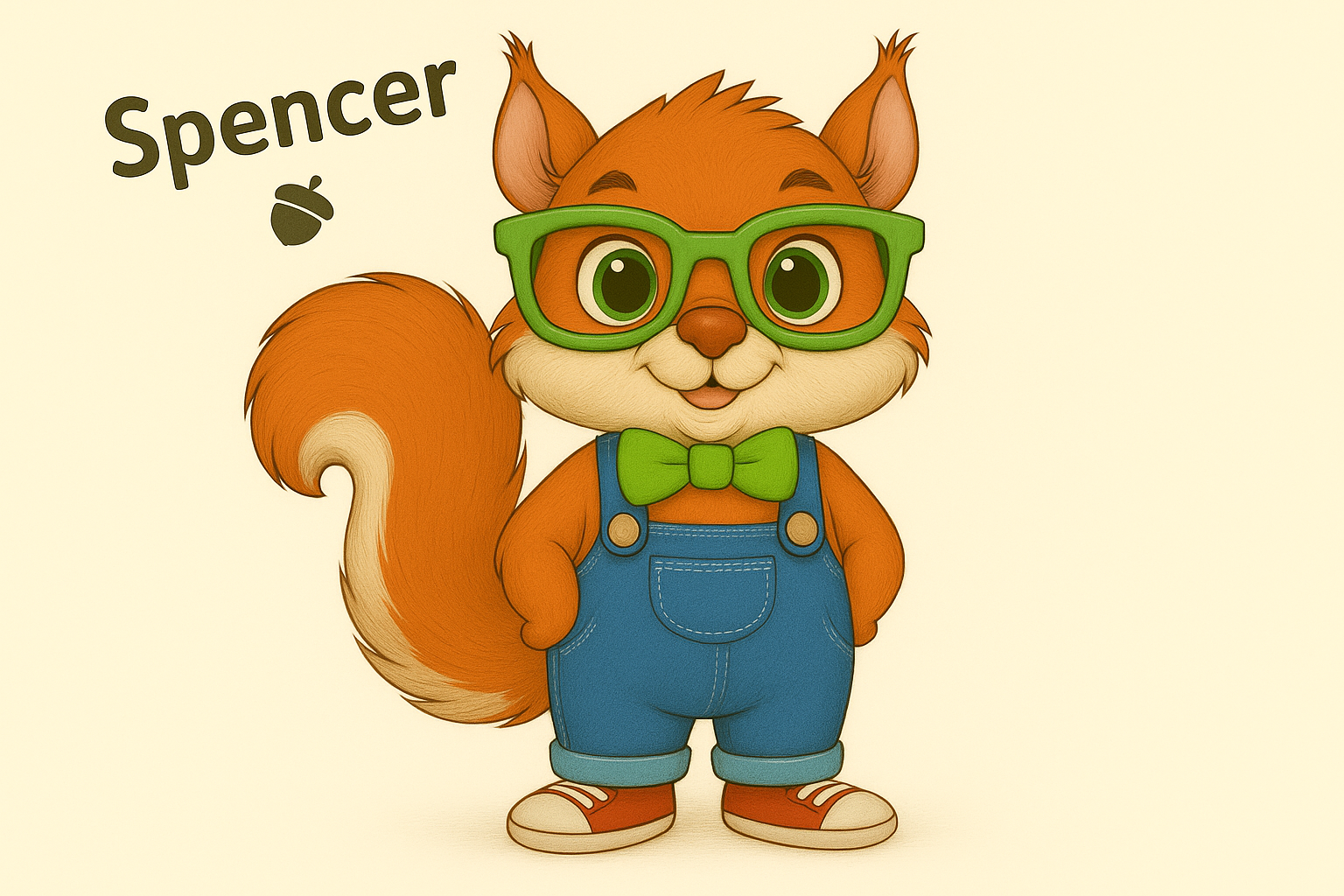 Spencer the Squirrel, smiling with green glasses, a green bow tie and blue overalls.